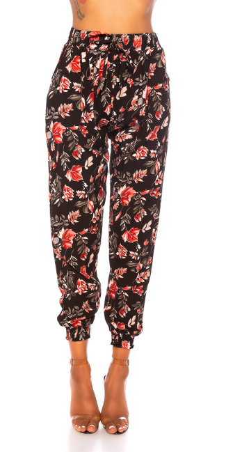 Trendy high waist pants with flower print Black